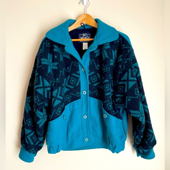 Vintage WOOLRICH Teal & Navy Blue Wool Bomber Jacket Snowflake print Size Medium - Picture 1 of 6